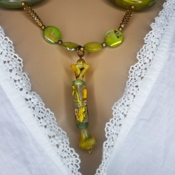 Green With Envy Lampwork & Inlaid Foil Bead Necklace - Picture 2 of 4